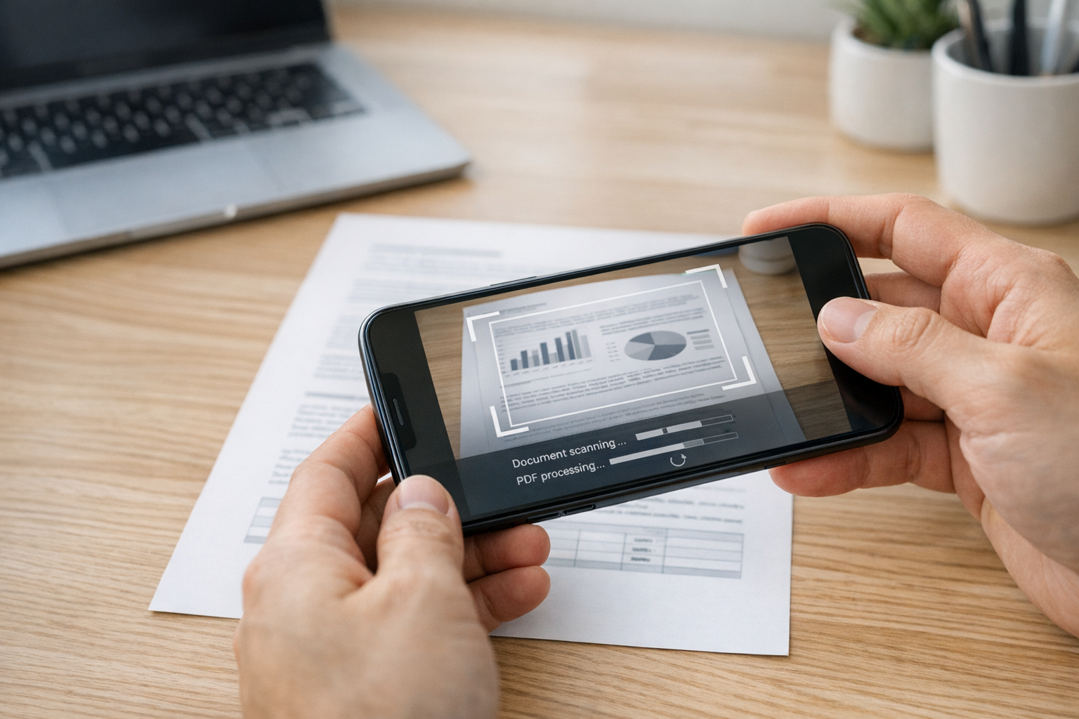 デスクの上の印刷書類をスマートフォンのカメラでスキャンしている場面のクローズアップ。用紙の端がはっきり見え、清潔なオフィス環境で、書類の読み取りとPDF準備の流...