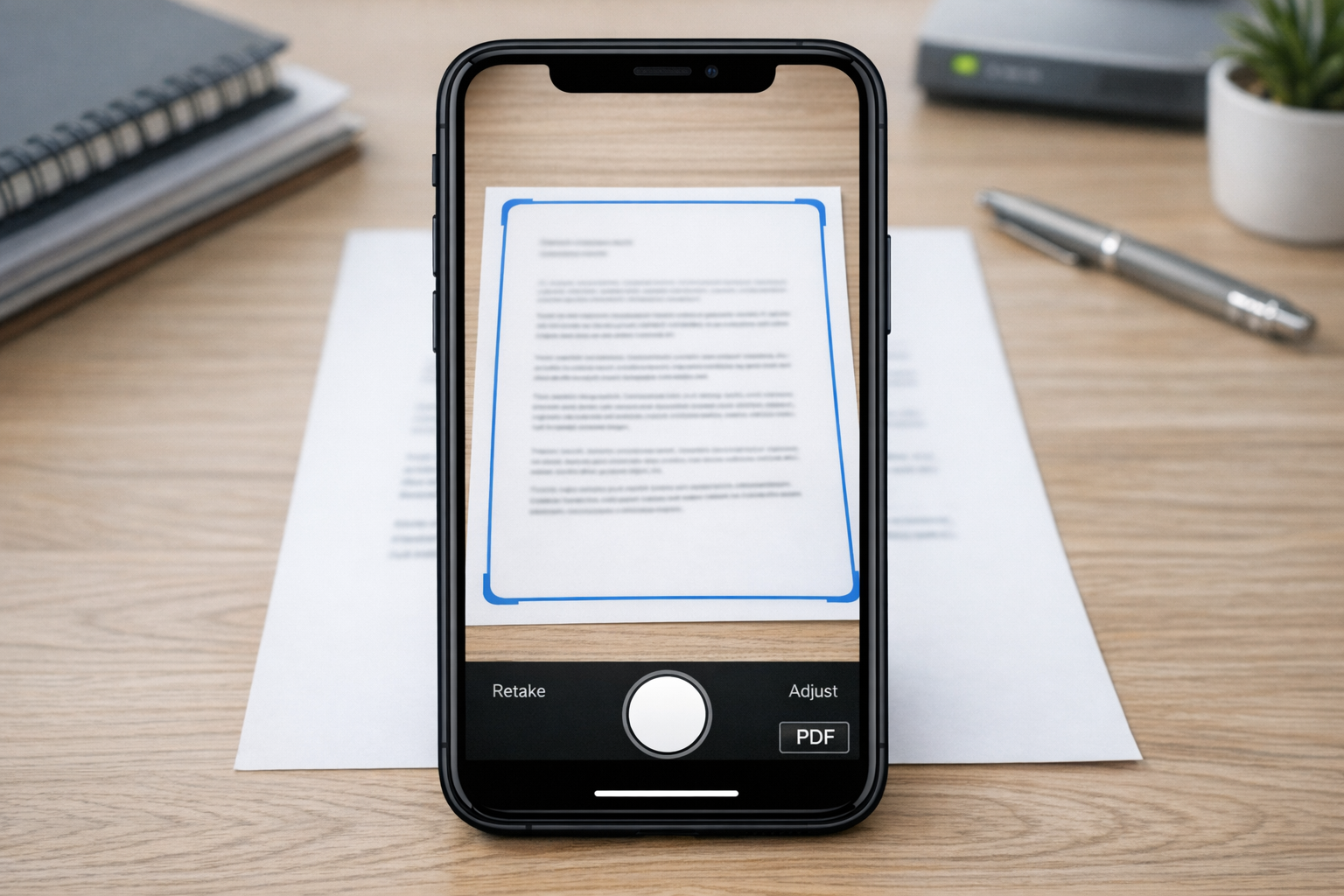 Masa üzerinde basılı bir belgeyi tarayan akıllı telefon kamerasının yakın plan g...