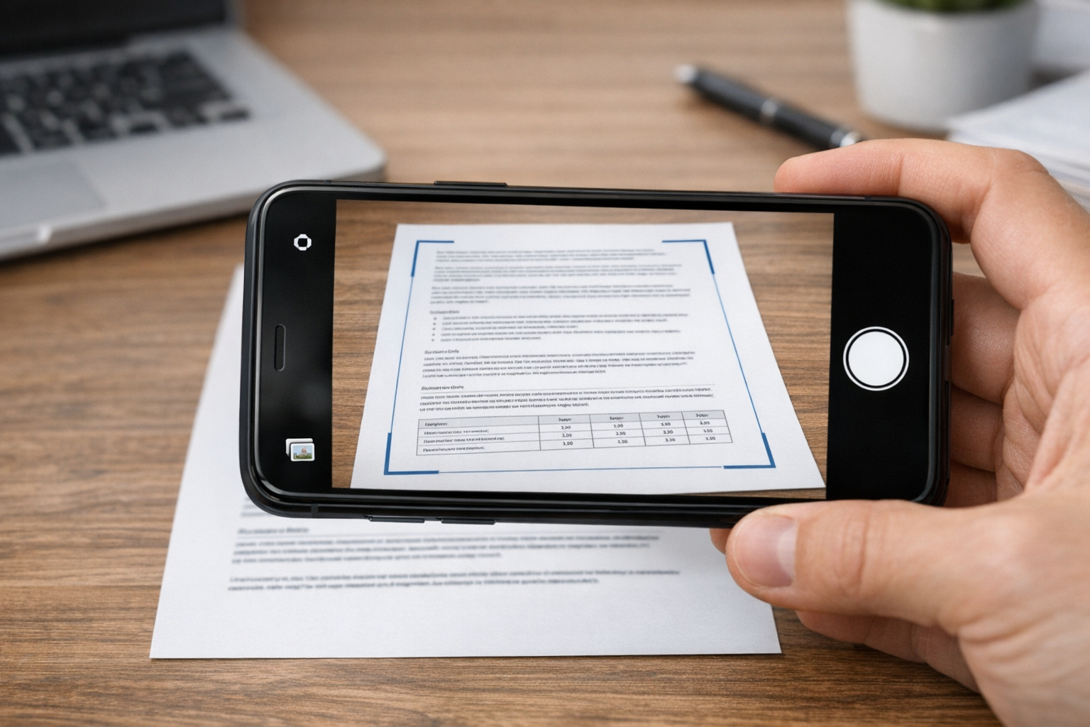 Nahaufnahme einer Smartphone-Kamera, die ein gedrucktes Dokument auf einem Schre...