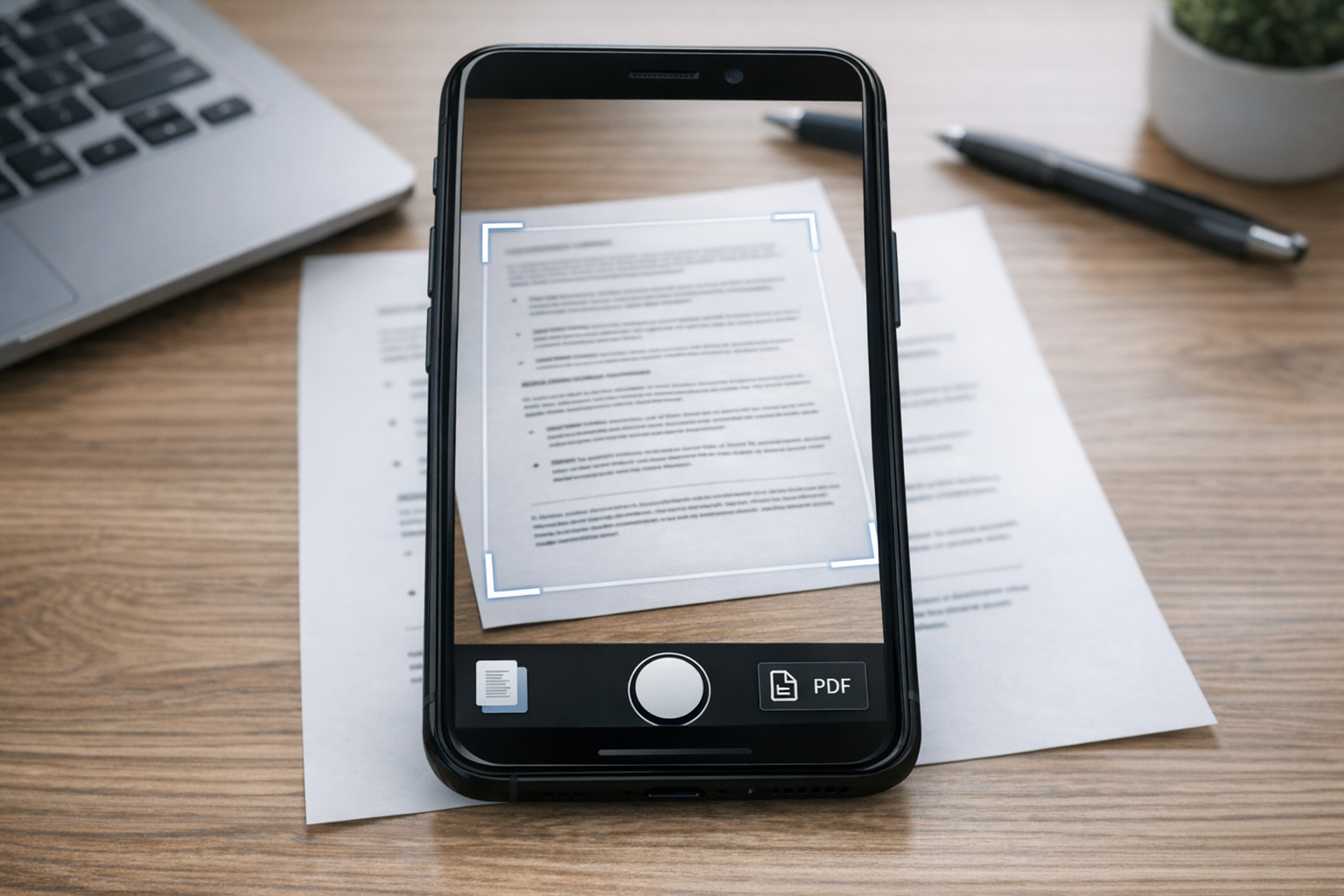 תקריב של מצלמת סמארטפון הסורקת מסמך מודפס על שולחן, עם קצוות דף גלויים, סביבת מש...