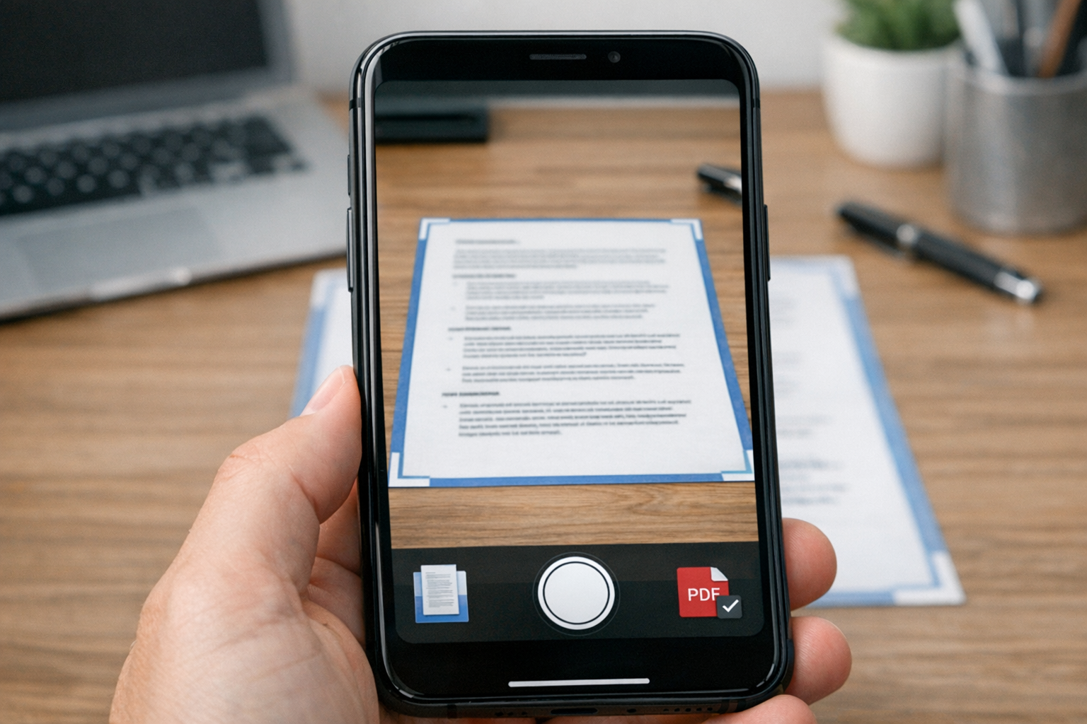 Primer plano de la cámara de un smartphone escaneando un documento impreso sobre...