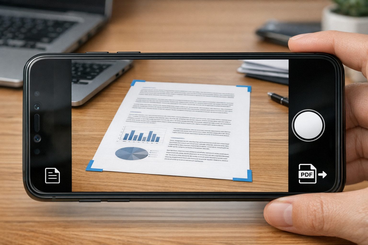 Gros plan sur l’appareil photo d’un smartphone en train de numériser un document...