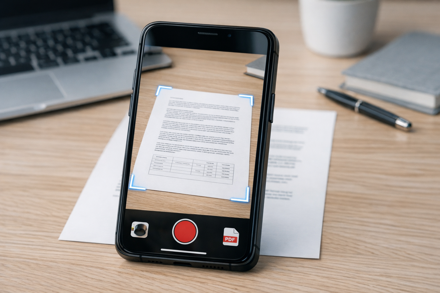 Zbliżenie na aparat smartfona skanujący wydrukowany dokument na biurku, z wyraźn...