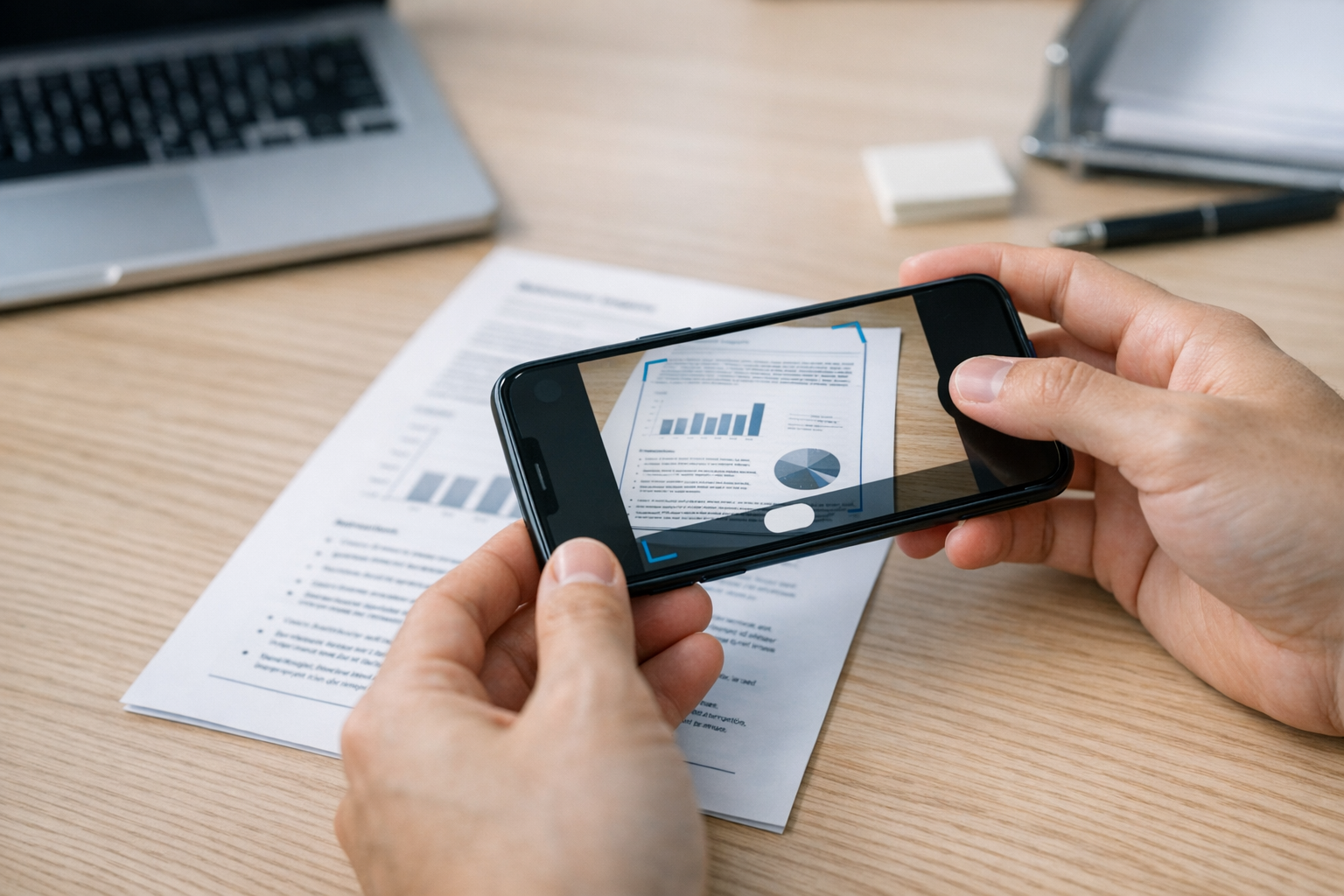 책상 위의 인쇄 문서를 스마트폰 카메라로 스캔하는 장면의 클로즈업, 페이지 가장자리가 잘 보이고 깔끔한 사무 환경, 문서 캡처와 PDF 준비 작...