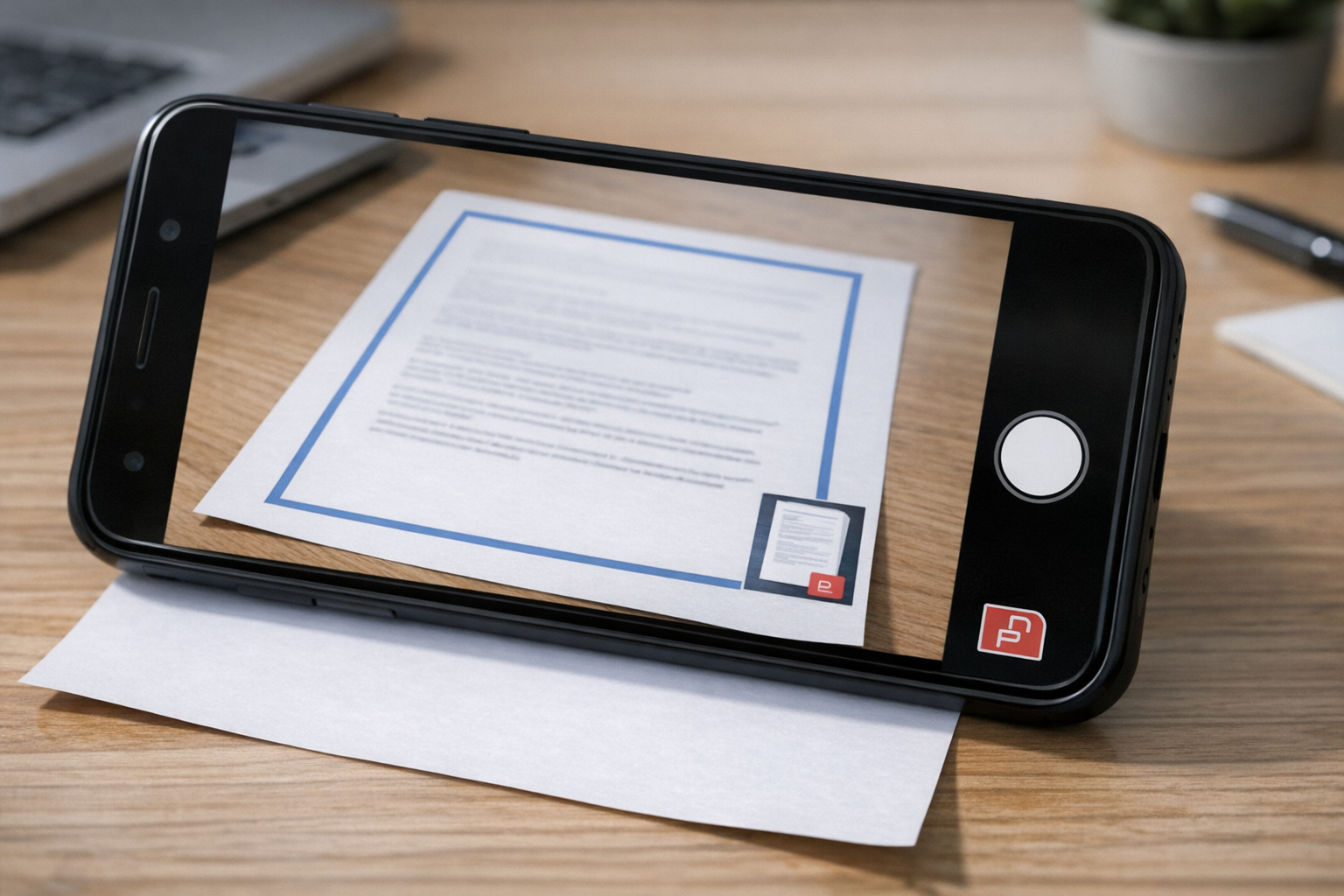 لقطة مقرّبة لكاميرا هاتف ذكي تمسح مستندًا مطبوعًا على مكتب، مع ظهور واضح لحواف ا...