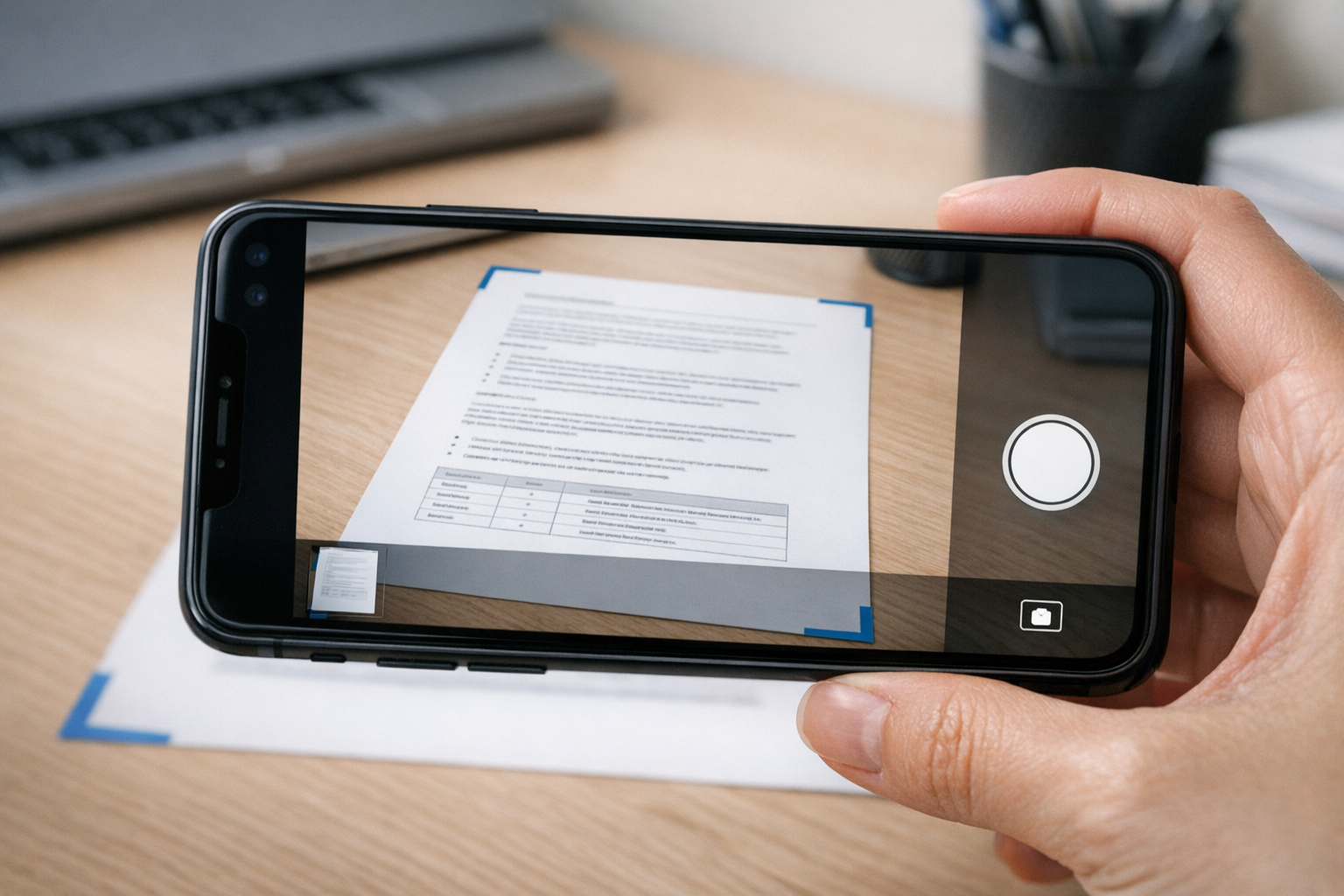 Nærbillede af et smartphone-kamera, der scanner et printet dokument på et skrive...
