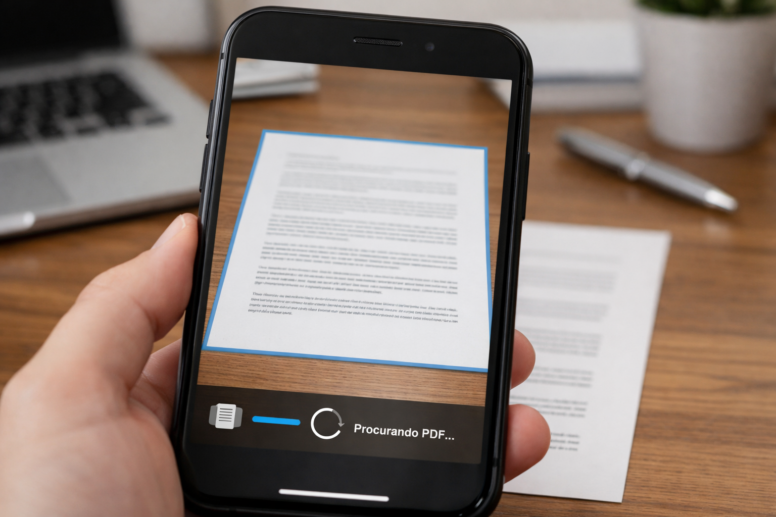 Close de uma câmera de smartphone digitalizando um documento impresso sobre uma ...