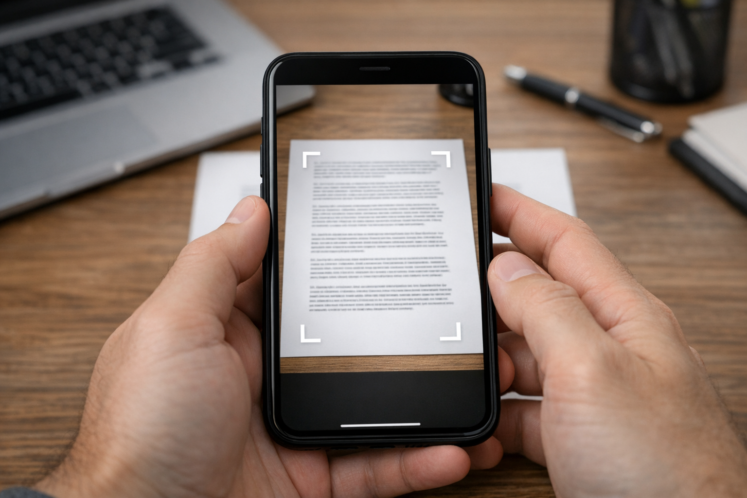 Närbild av en mobilkamera som skannar ett utskrivet dokument på ett skrivbord, m...