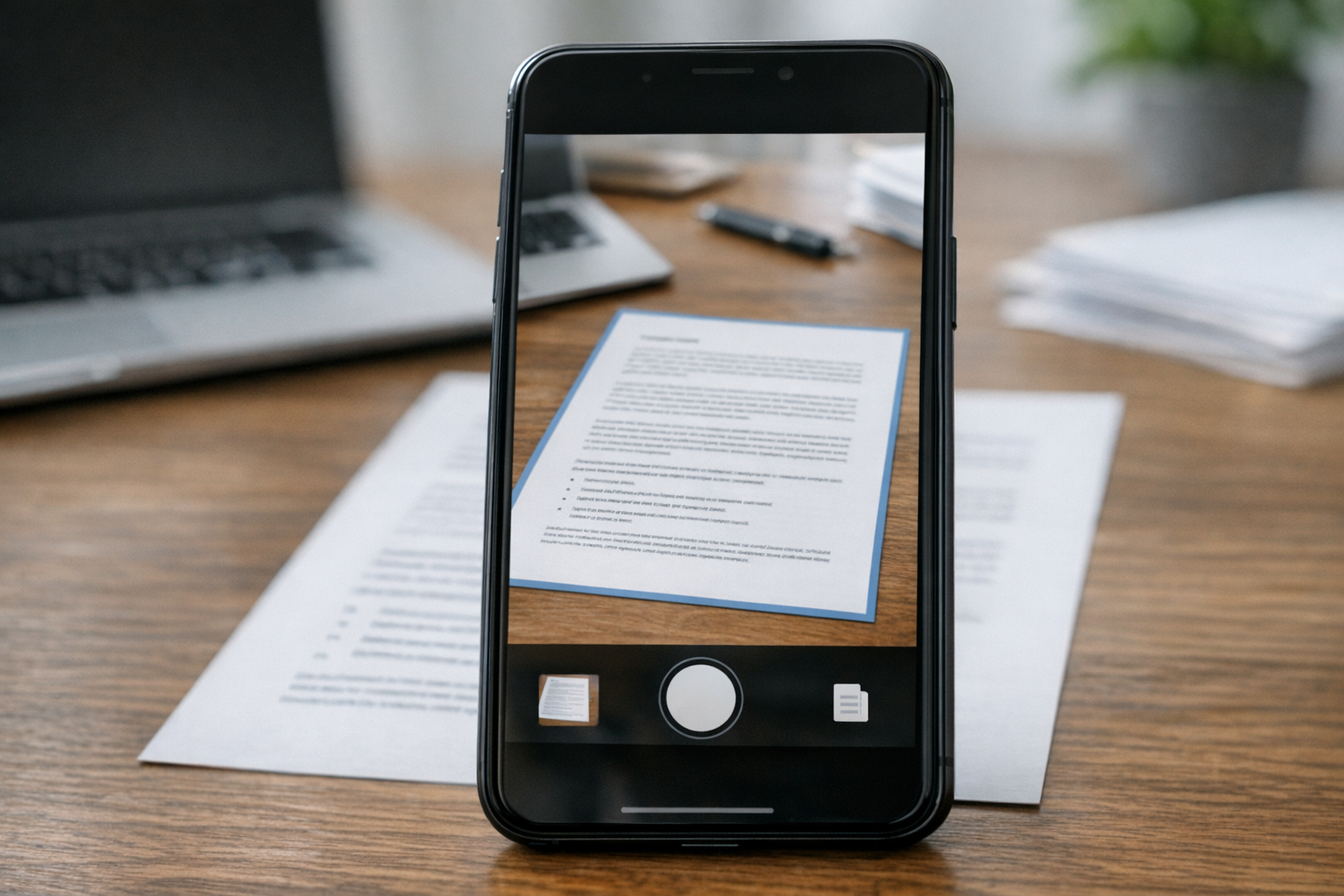 Close-up kamera smartphone yang memindai dokumen cetak di atas meja, dengan tepi...