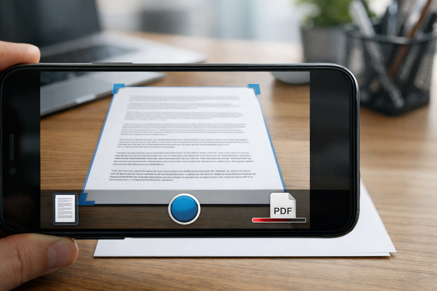 Крупный план камеры смартфона, сканирующей распечатанный документ на столе, с че...