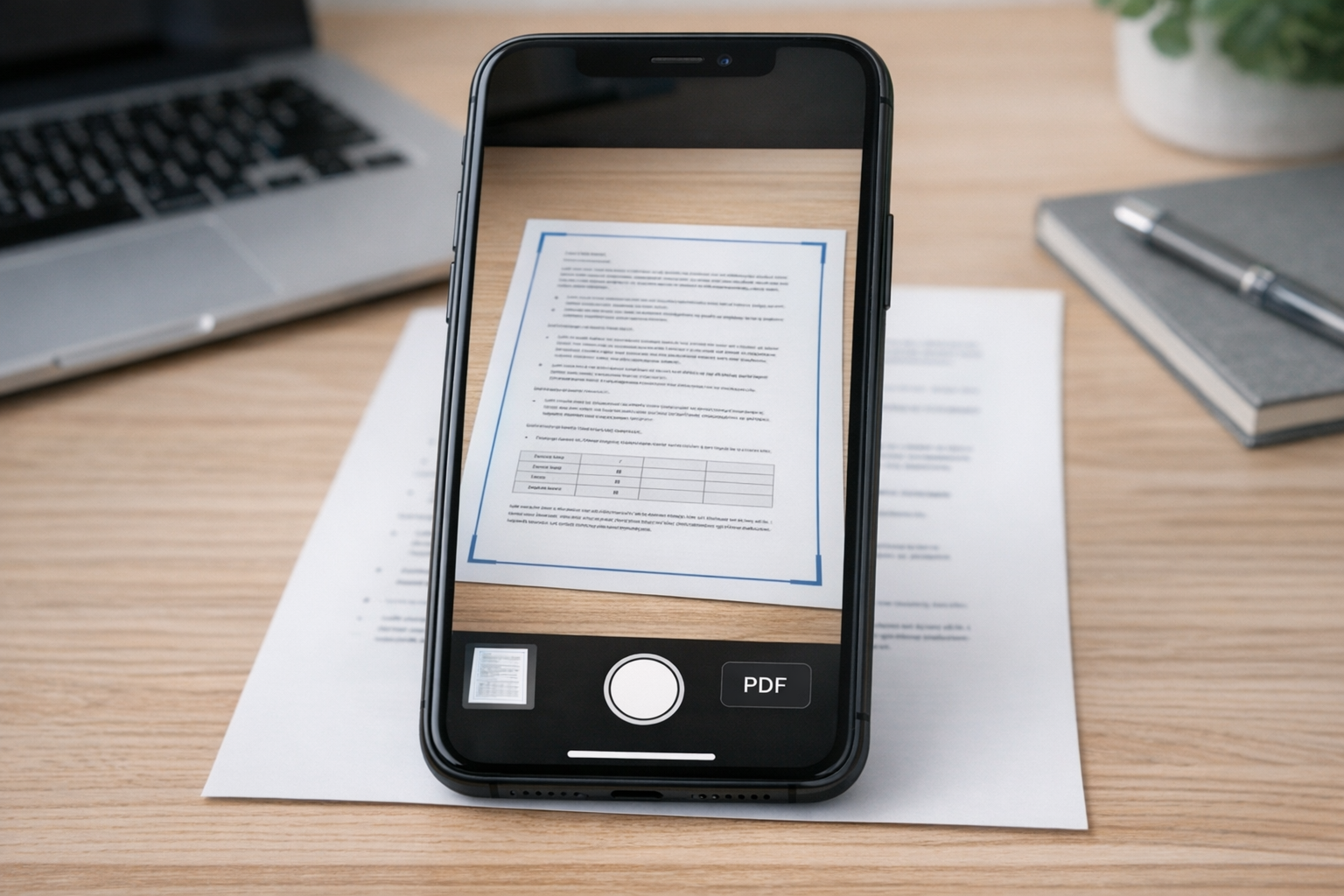 特写镜头：智能手机摄像头正在桌面上扫描一份打印文件，页面边缘清晰可见，整洁的办公环境，突出文档采集与 PDF 准备流程，真实光线，无文字叠加，无水印