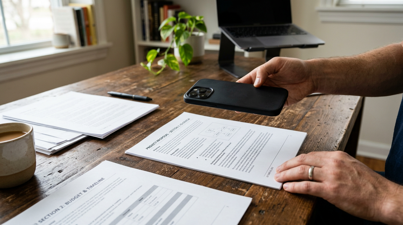 A close-up realistic scene of several paper documents on a wooden table being ca...