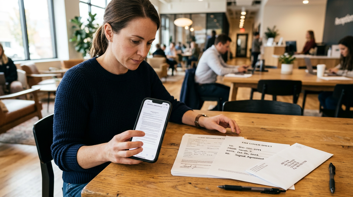 A realistic mobile paperwork moment in a lobby or shared workspace where a perso...