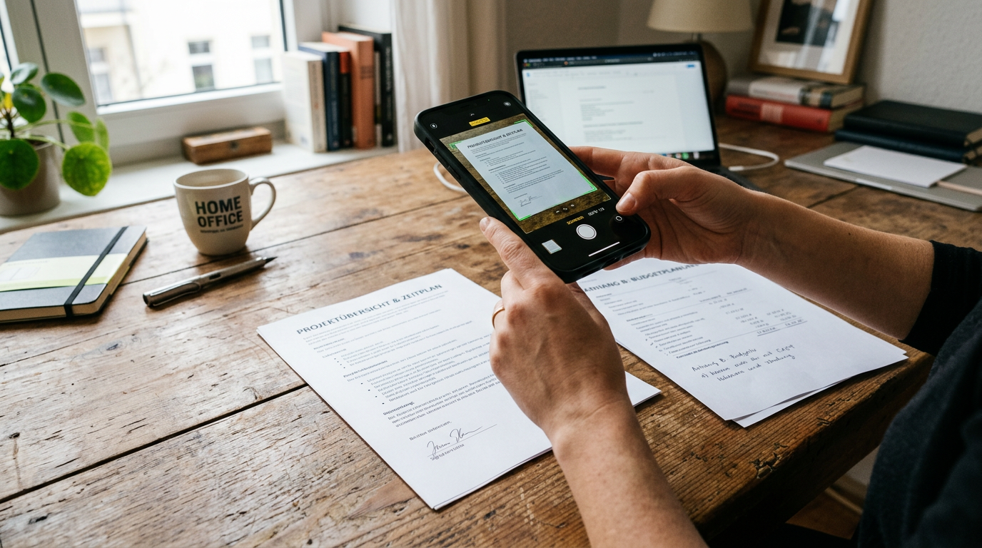 Eine realistische Nahaufnahme mehrerer Papierdokumente auf einem Holztisch, die ...