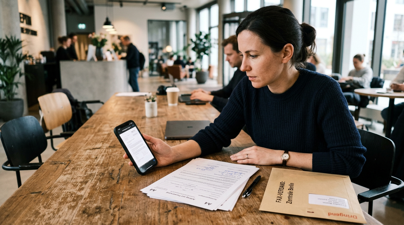 Ein realistischer Moment mobiler Dokumentenarbeit in einer Lobby oder einem Geme...