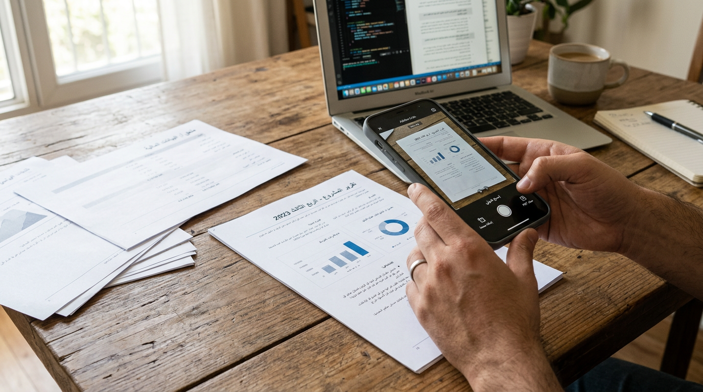 لقطة مقرّبة واقعية لعدة مستندات ورقية على طاولة خشبية يجري التقاطها بكاميرا هاتف...