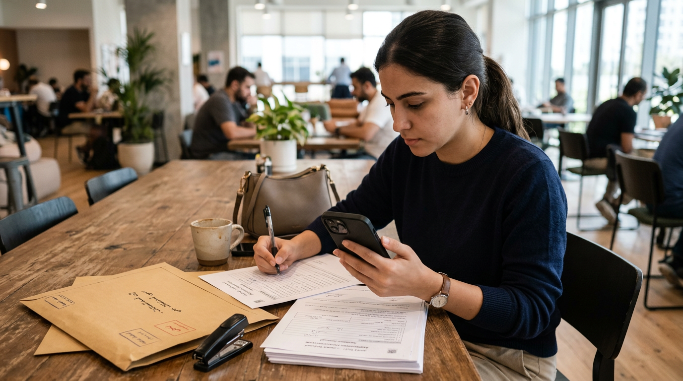 لحظة واقعية لإنجاز معاملات ورقية عبر الهاتف في بهو أو مساحة عمل مشتركة، حيث يراج...