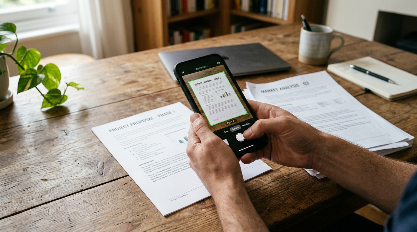 लकड़ी की मेज़ पर रखे कई कागज़ी दस्तावेज़ों का यथार्थपूर्ण क्लोज़-अप दृश्य, जिन्ह...