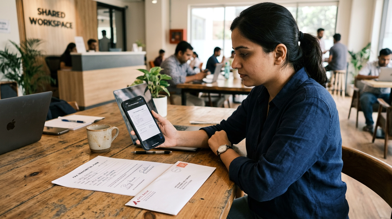 लॉबी या साझा कार्यस्थल में एक यथार्थपूर्ण मोबाइल दस्तावेज़ी क्षण, जहाँ एक व्यक्त...