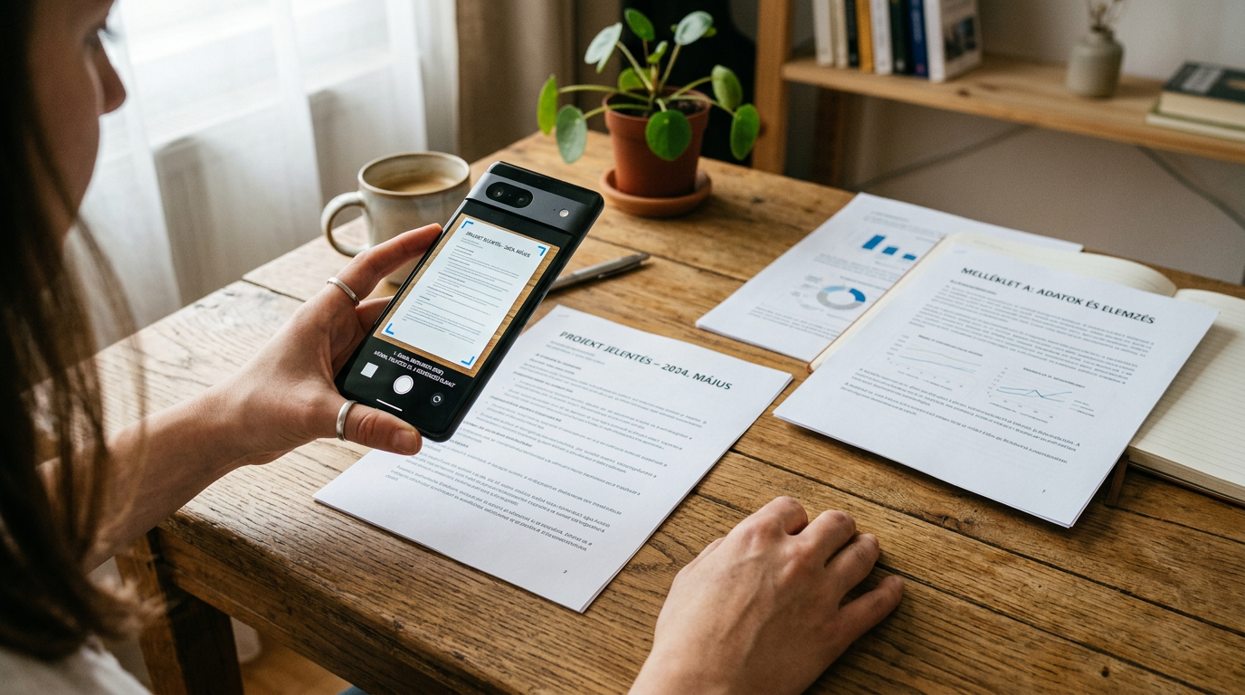 Közeli, valósághű jelenet több papírdokumentumról egy faasztalon, amelyeket okos...