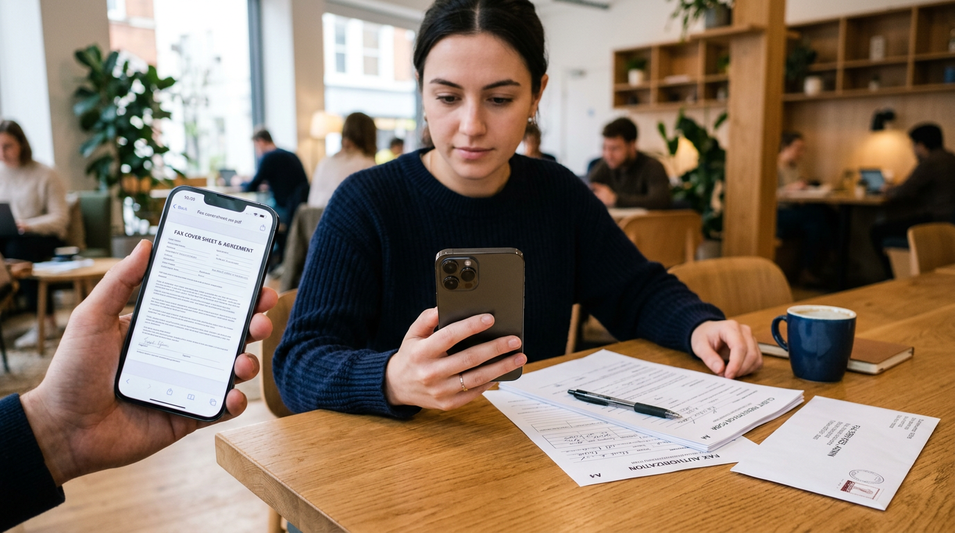 Valósághű mobilos papírmunka-pillanat egy előtérben vagy közös munkatérben, ahol...