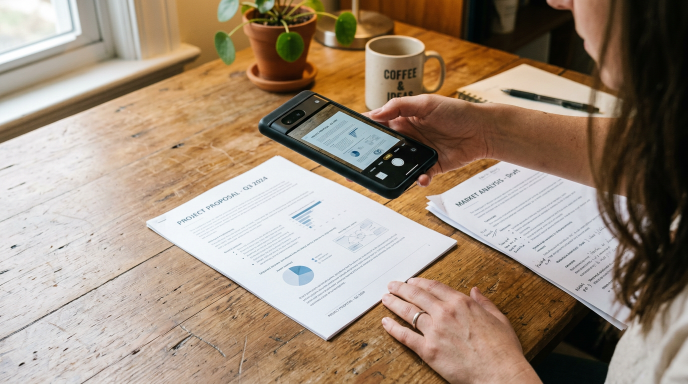 木製テーブルの上にある複数の紙の書類をスマートフォンのカメラで取り込んでいる、リアルな接写シーン。1枚はきれいに位置合わせされ、もう1枚は複数ページPDFの流れ...