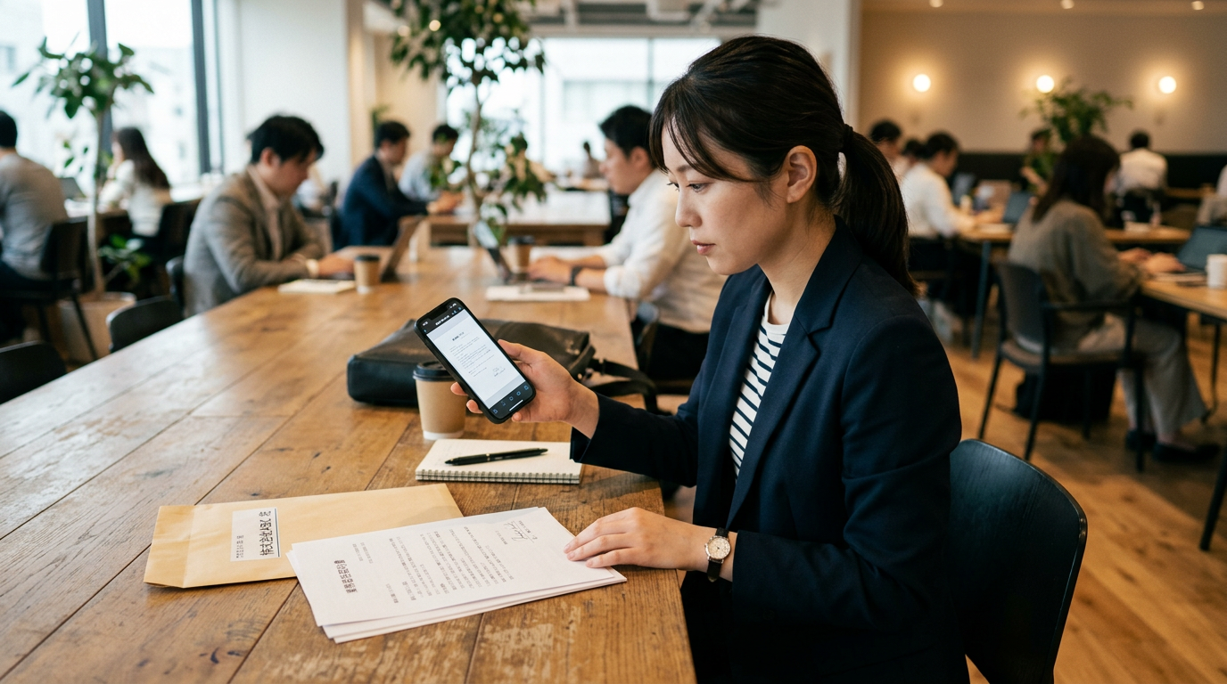 ロビーや共有ワークスペースで、人物が印刷書類と封筒のそばでiPhone上のスキャン済みPDFを確認しており、FAX送信前の書類準備を感じさせる、リアルなモバイル...