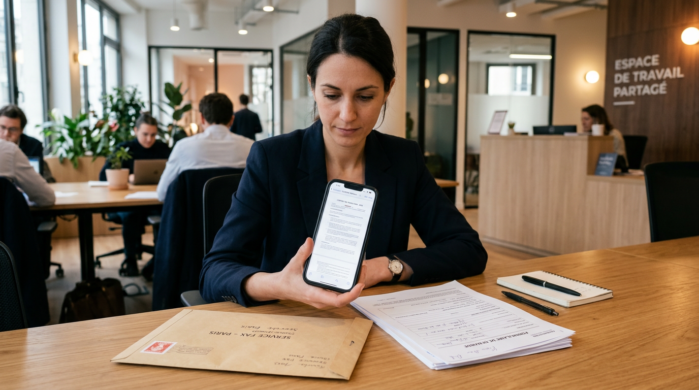 Scène réaliste de gestion de documents sur mobile dans un hall ou un espace de t...
