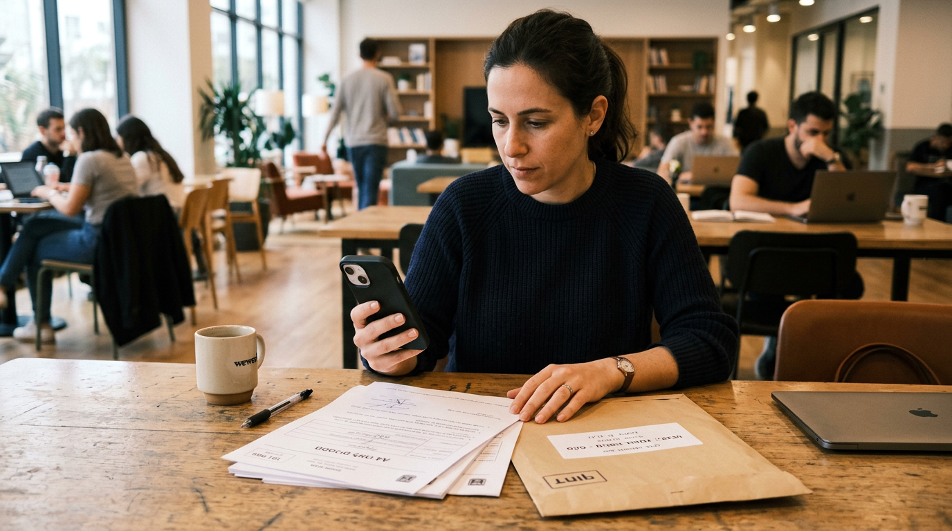 רגע מציאותי של טיפול במסמכים בנייד בלובי או בחלל עבודה משותף, שבו אדם בודק PDF ס...