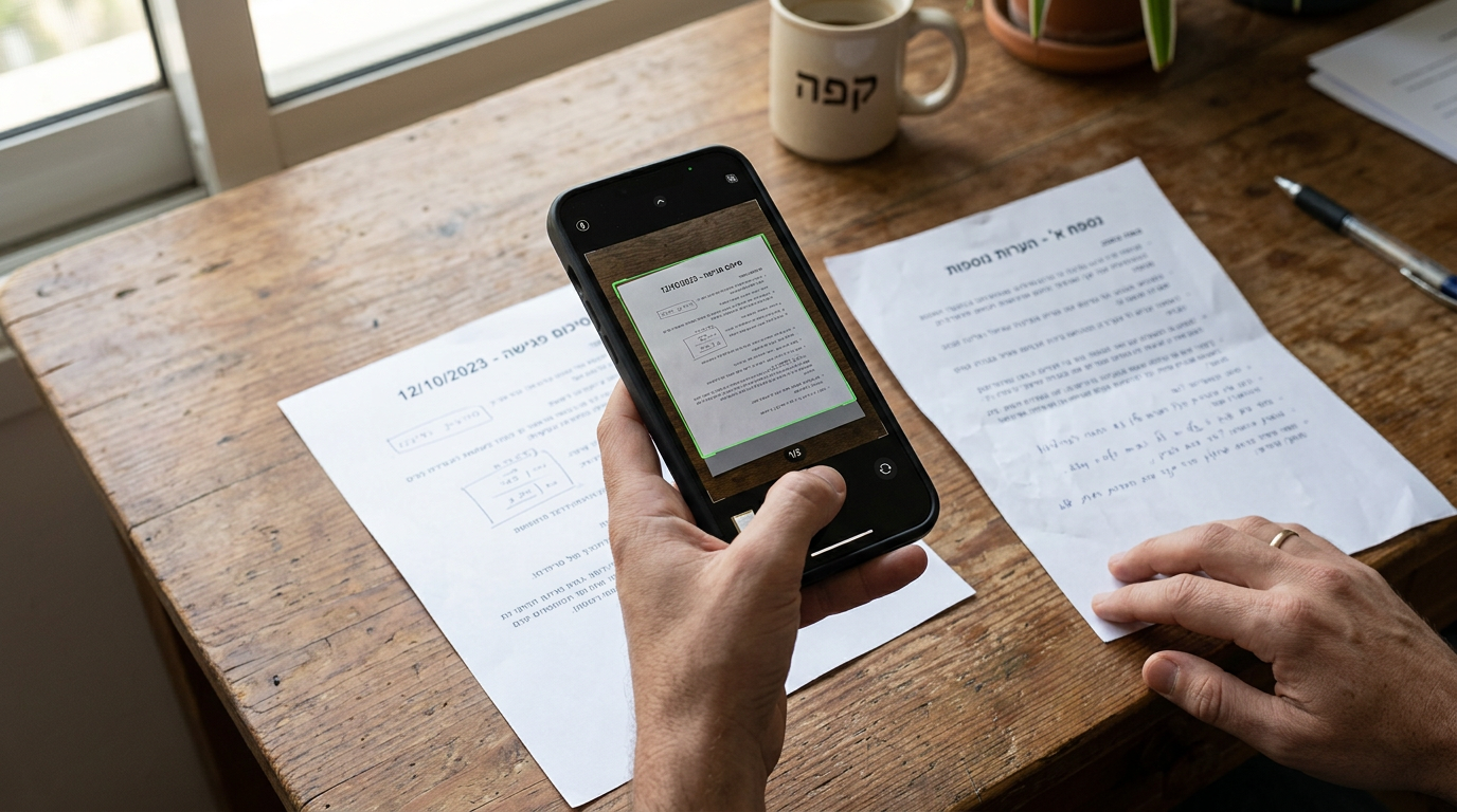 סצנה מציאותית בתקריב של כמה מסמכי נייר על שולחן עץ בזמן שמצלמת סמארטפון לוכדת או...