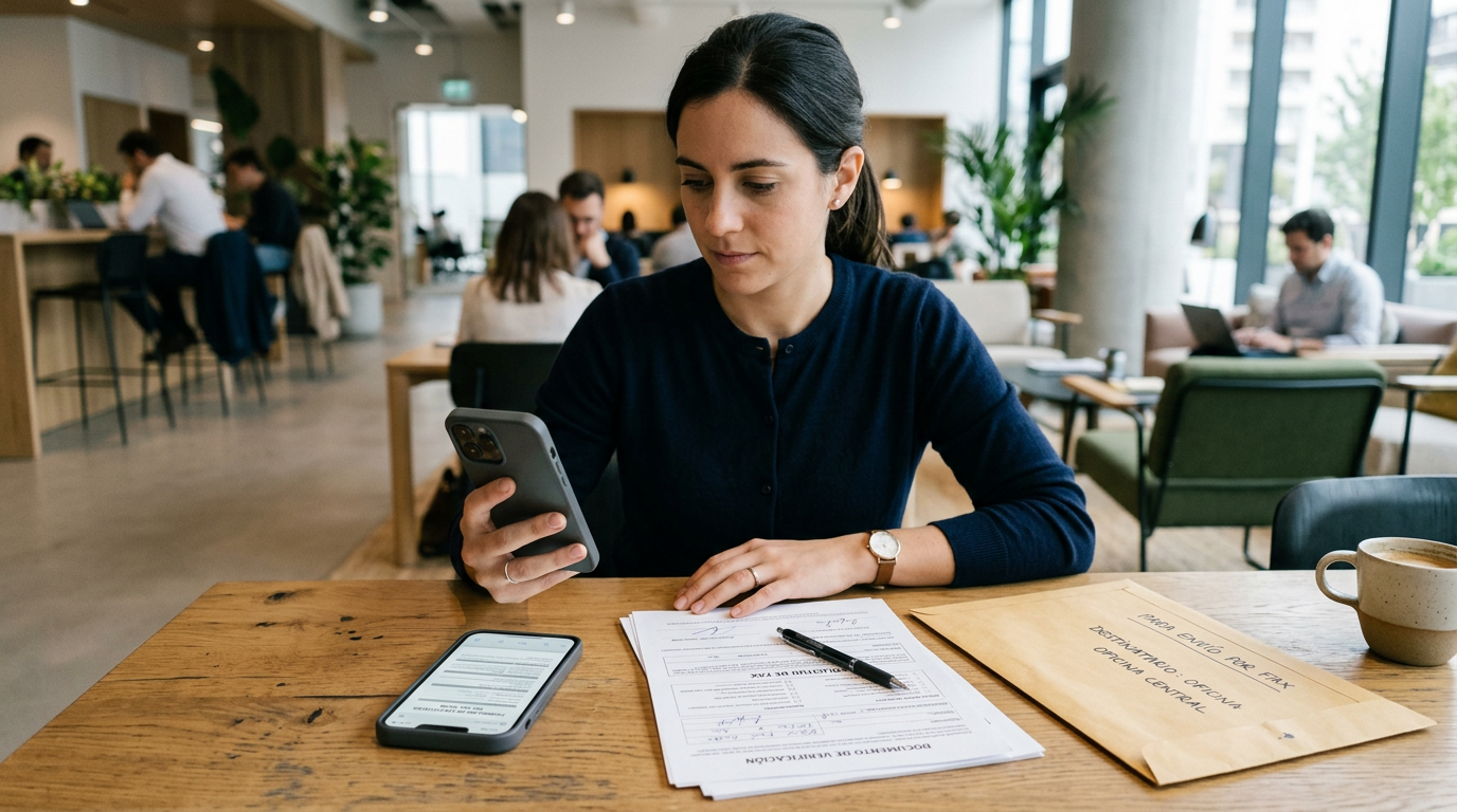 Un momento realista de gestión de documentos móviles en un vestíbulo o espacio d...