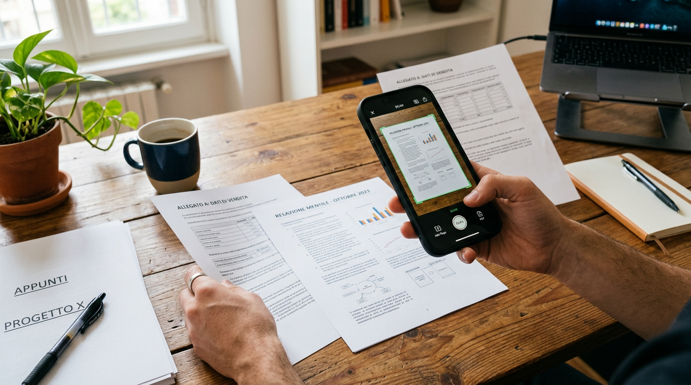 Una scena realistica in primo piano di diversi documenti cartacei su un tavolo d...