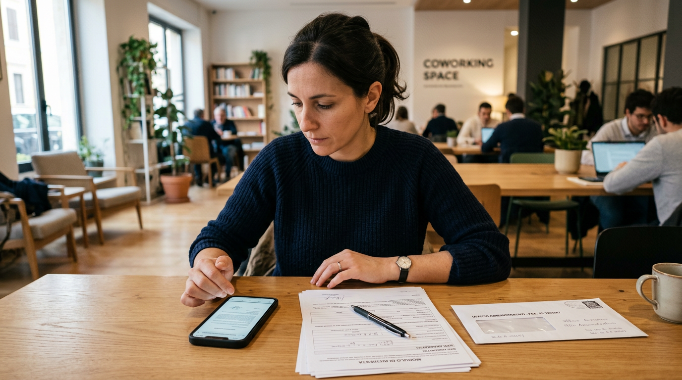 Un momento realistico di gestione documentale mobile in una hall o in uno spazio...