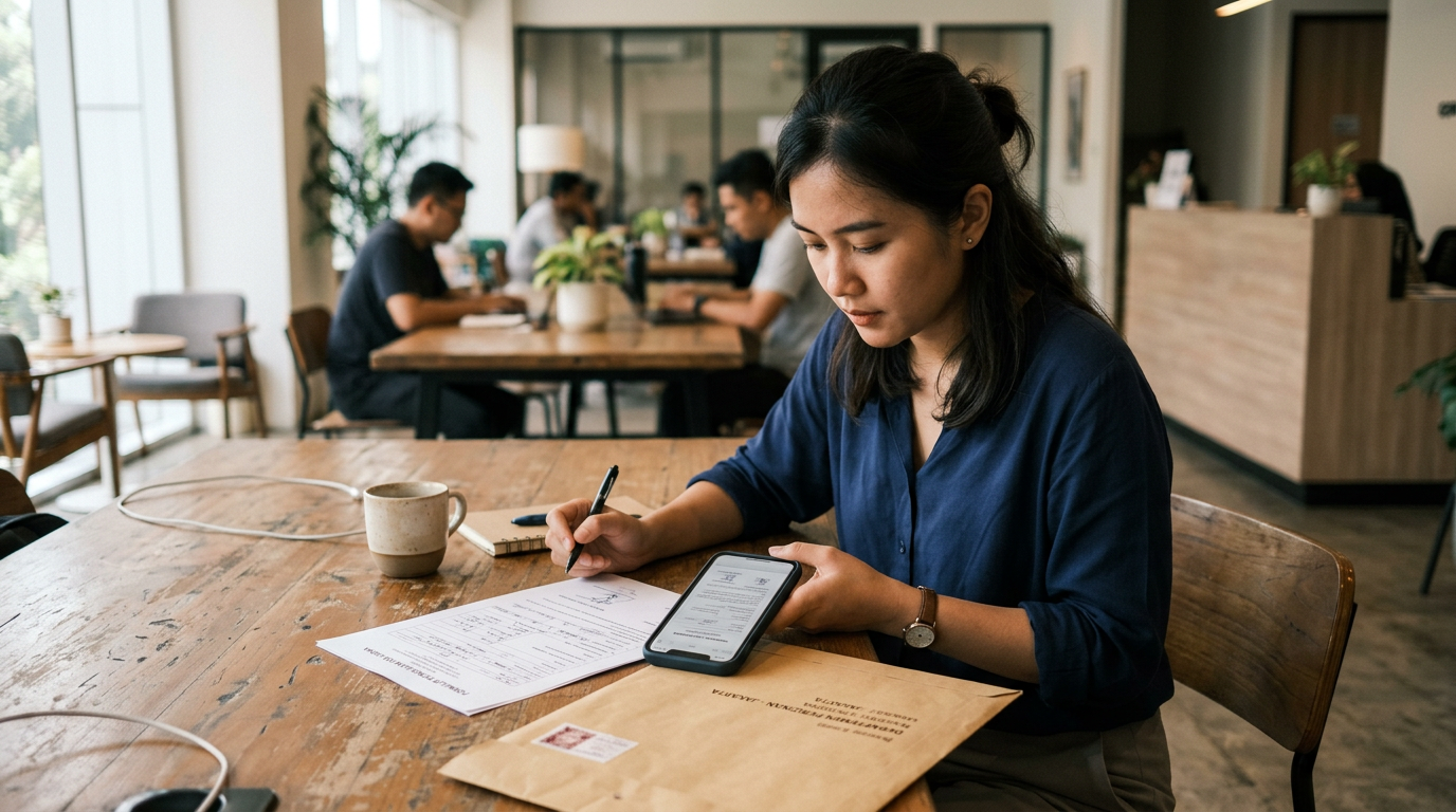 Momen realistis pengelolaan dokumen lewat ponsel di lobi atau ruang kerja bersam...