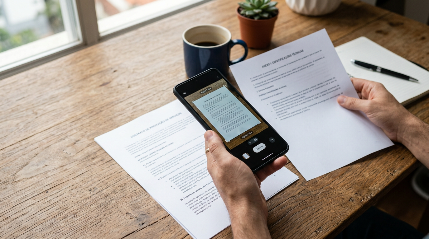 Uma cena realista em close de vários documentos de papel sobre uma mesa de madei...