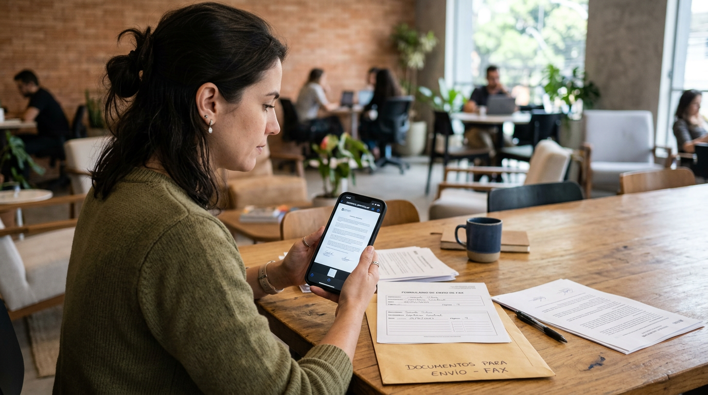 Um momento realista de organização de documentos pelo celular em um saguão ou es...