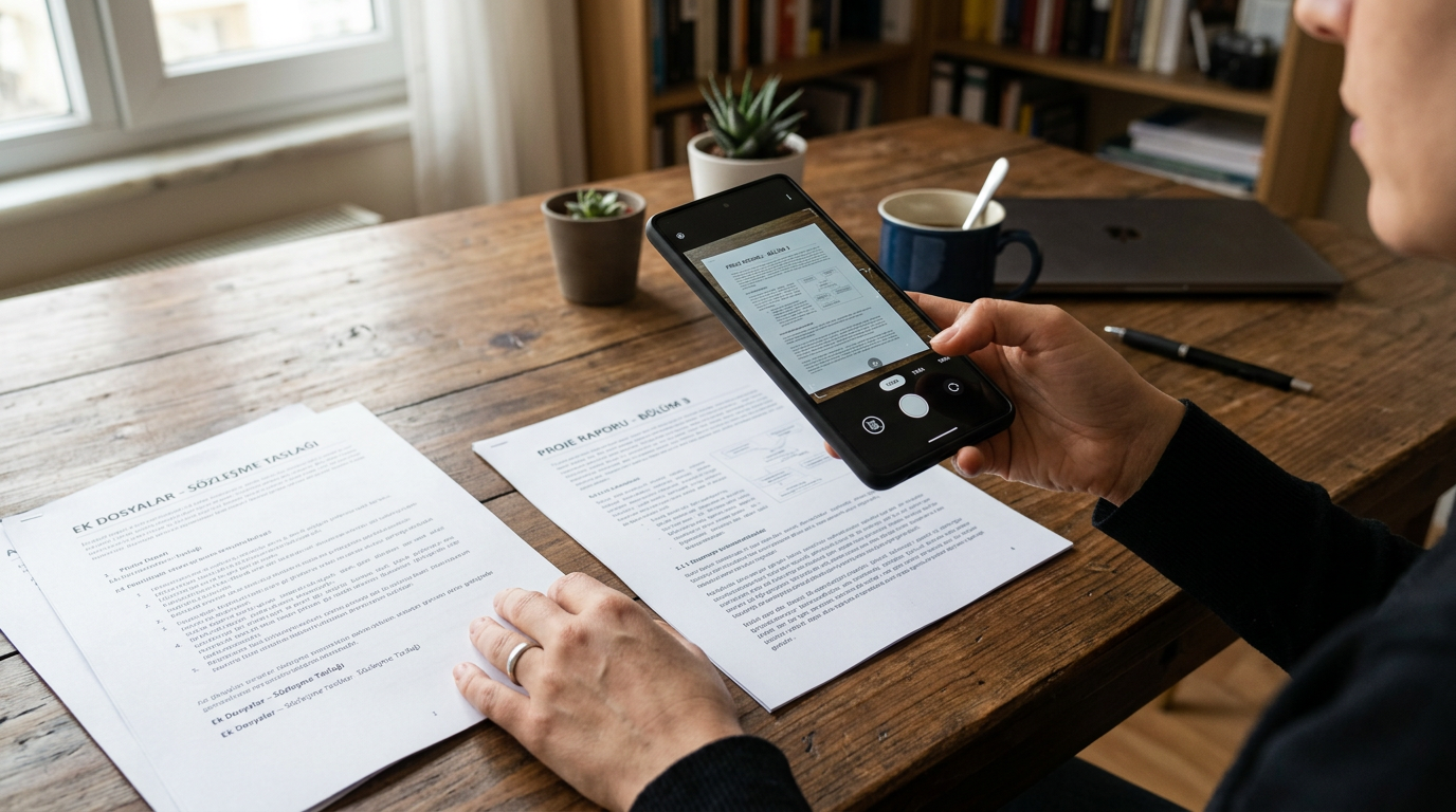 Ahşap bir masa üzerindeki birden fazla kağıt belgenin akıllı telefon kamerasıyla...