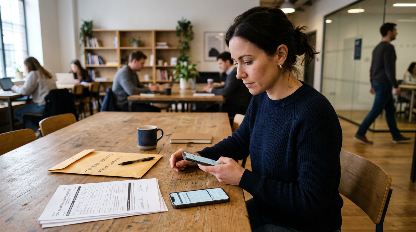 Lobi veya ortak çalışma alanında geçen gerçekçi bir mobil evrak anı; kişi, basıl...
