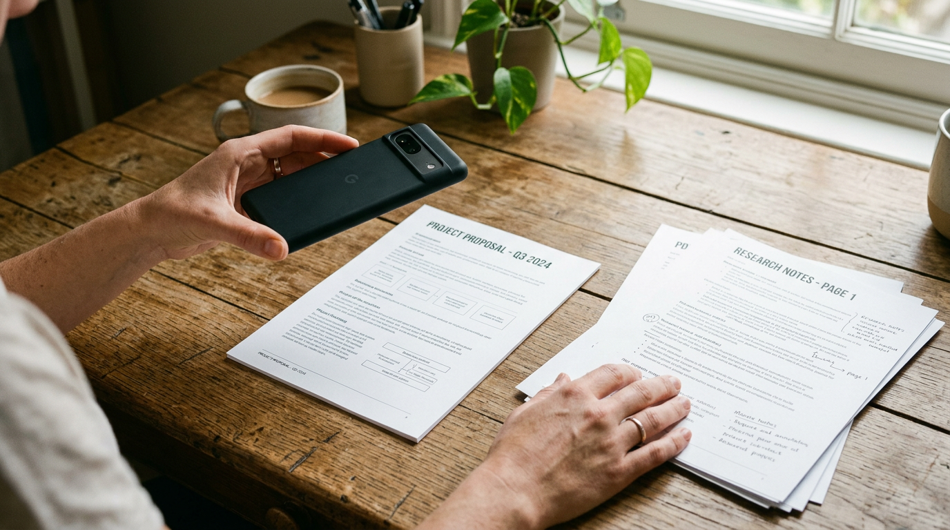 나무 테이블 위의 여러 종이 문서를 스마트폰 카메라로 촬영하는 사실적인 클로즈업 장면. 한 장은 반듯하게 정렬되어 있고 다른 한 장은 여러 페이...