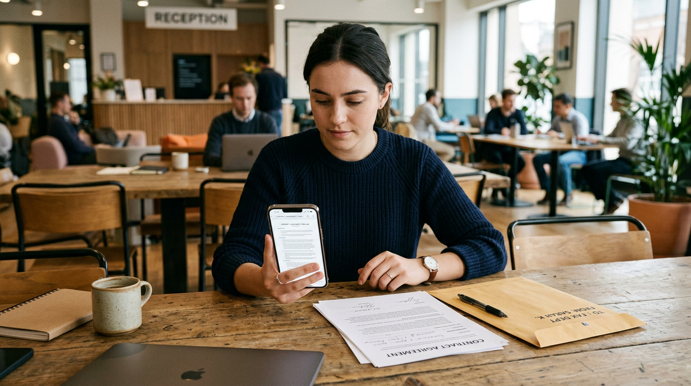 로비나 공유 업무 공간에서 한 사람이 인쇄된 서류와 봉투 옆에 놓인 아이폰에서 스캔된 PDF를 검토하는 사실적인 모바일 서류 작업 장면. 팩스 ...