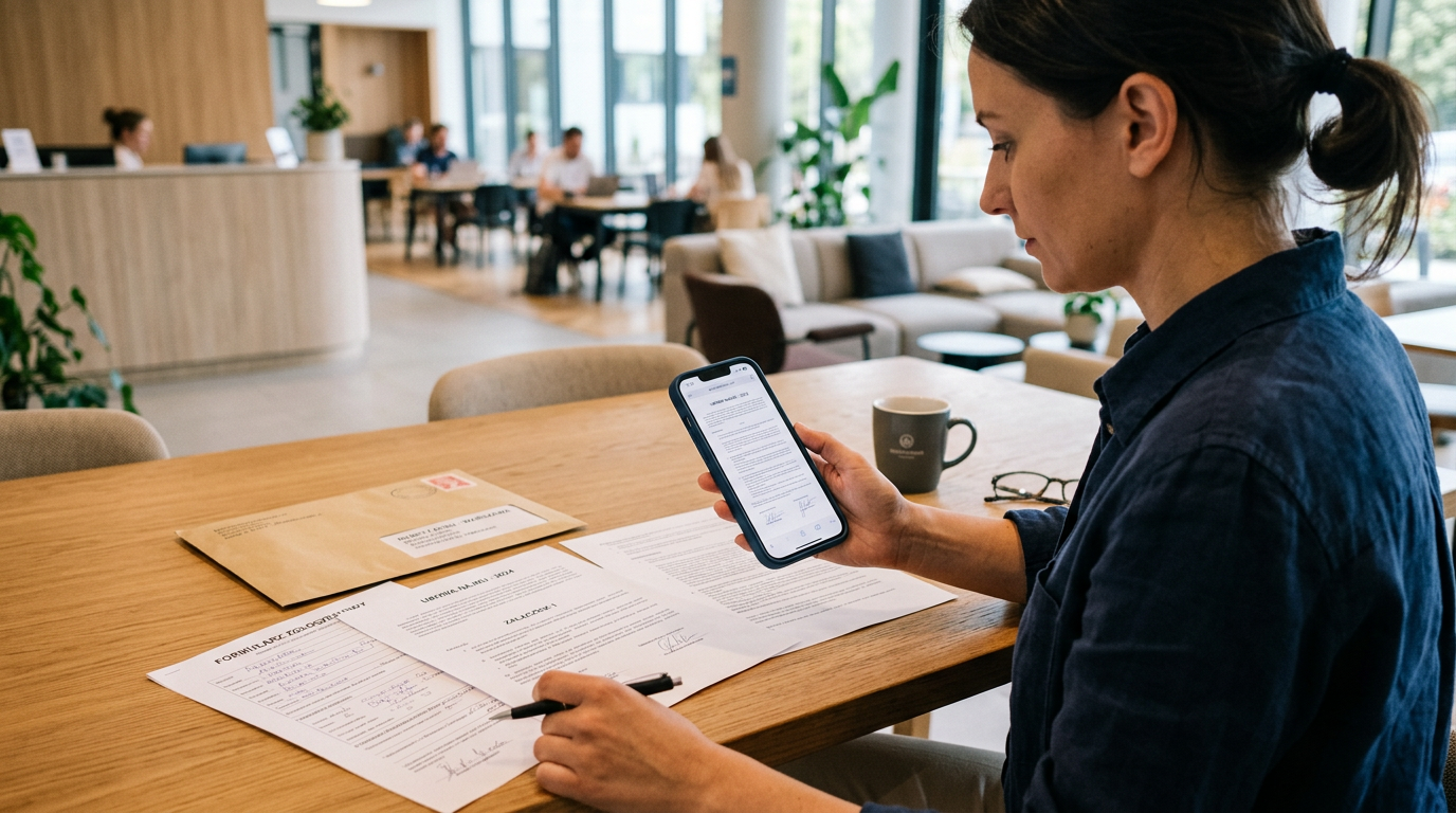Realistyczny moment pracy z dokumentami mobilnie w lobby lub przestrzeni coworki...