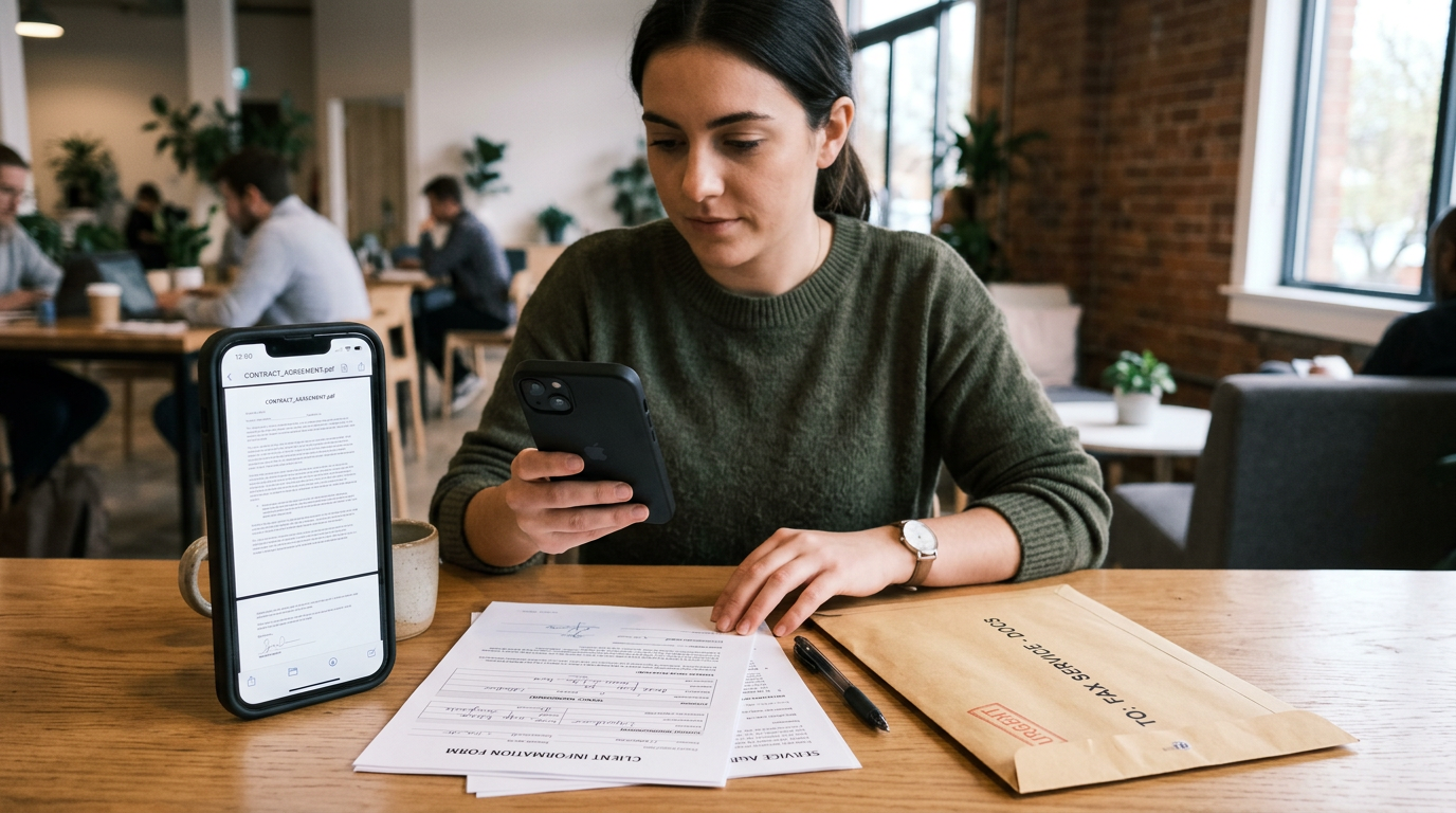 Реалистичный момент мобильной работы с документами в лобби или коворкинге: челов...