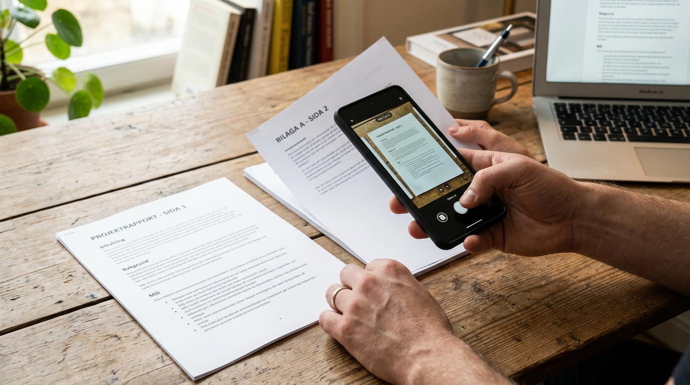 En realistisk närbild av flera pappersdokument på ett träbord som fångas med en ...