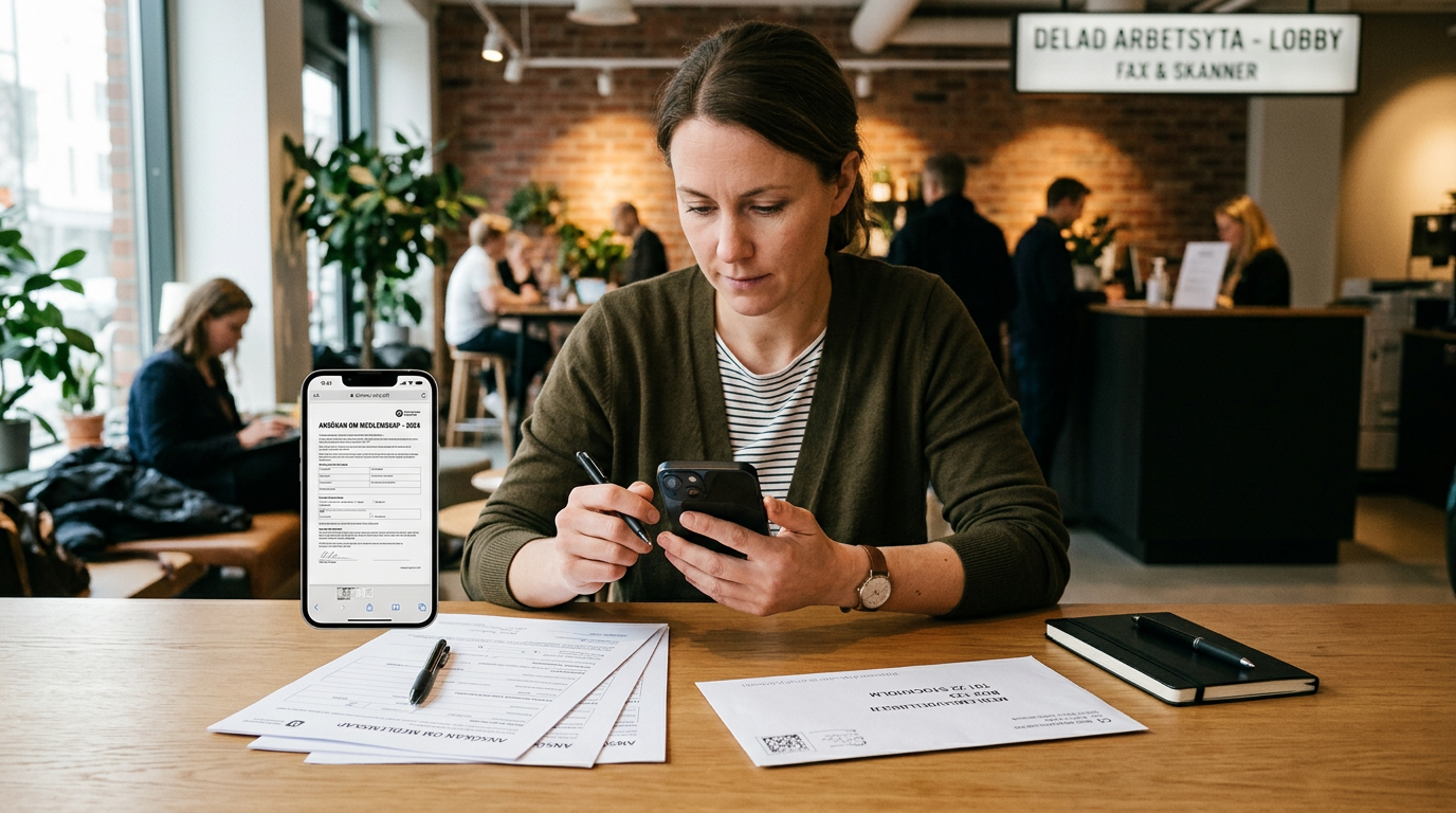 Ett realistiskt ögonblick av mobilt pappersarbete i en lobby eller delad arbetsy...