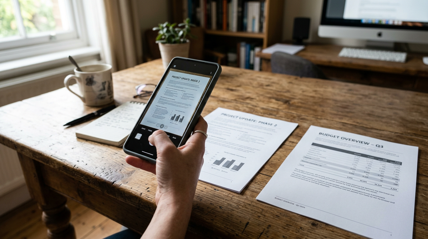 近距离真实场景:木质桌面上摆着多份纸质文件,智能手机正在拍摄其中一页,页面摆放整齐,另一页正等待加入多页 PDF 流程;画面中有手部,自然日光,实用的家庭办公环...