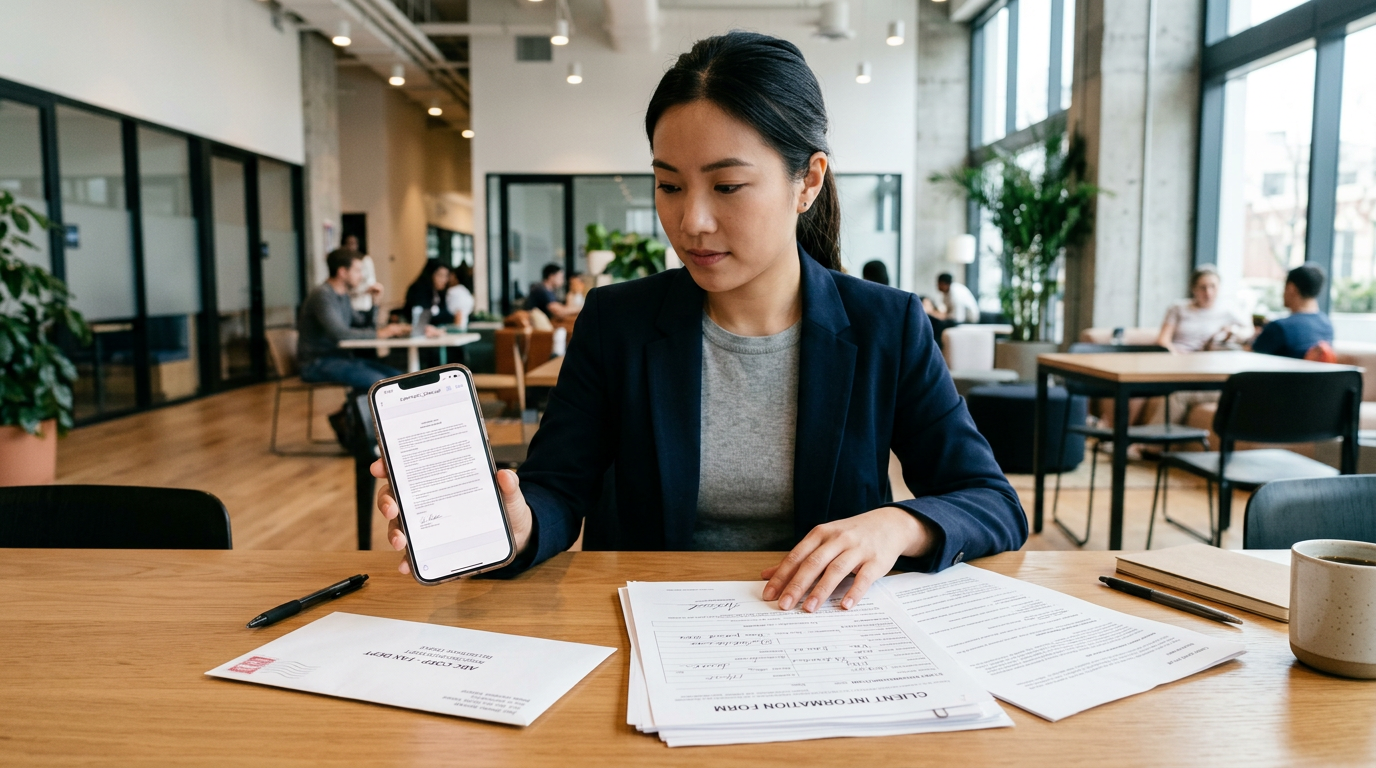 真实的移动办公场景:在大厅或共享办公空间中,一位用户在 iPhone 上查看扫描后的 PDF,旁边放着纸质表格和信封,体现发送传真前的文件整理过程;构图平静、实...