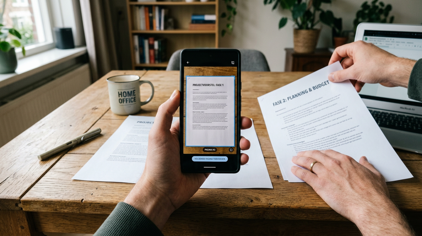 Een realistische close-up van meerdere papieren documenten op een houten tafel d...