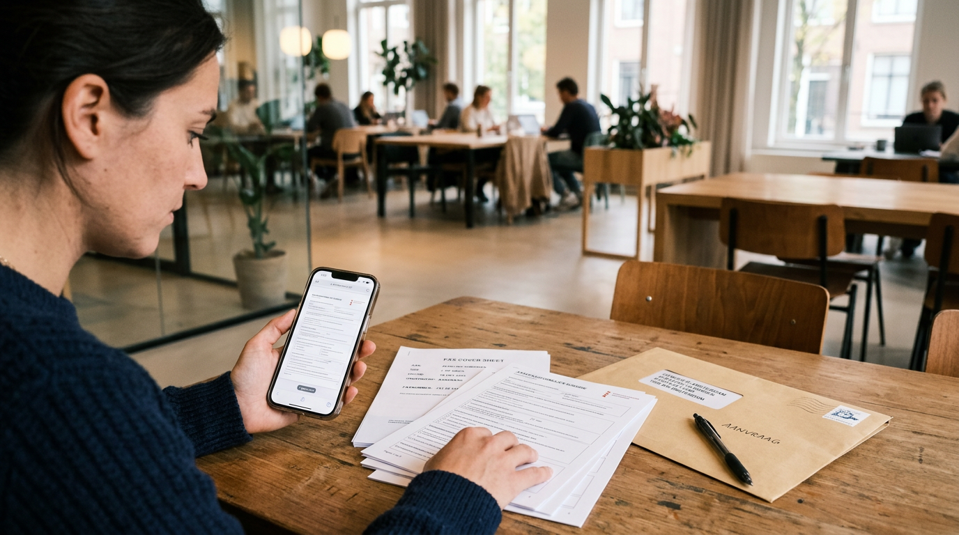 Een realistisch moment van mobiel papierwerk in een lobby of gedeelde werkruimte...
