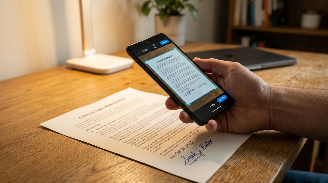 A realistic close-up of a hand holding a smartphone above a signed one-page docu...