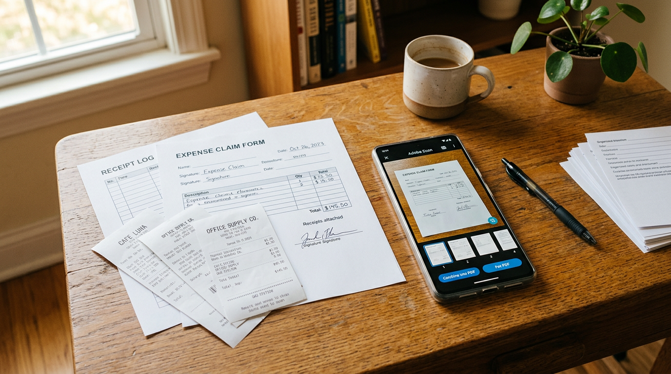 A realistic multi-page document workflow scene with several paper pages arranged...